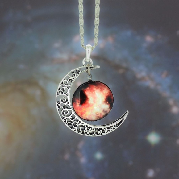 Jewelry - Dome Galaxy Crescent Moon Silver Necklace